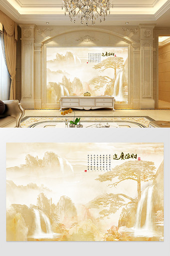 新中式抽象大理石纹山水风景流水生财图片