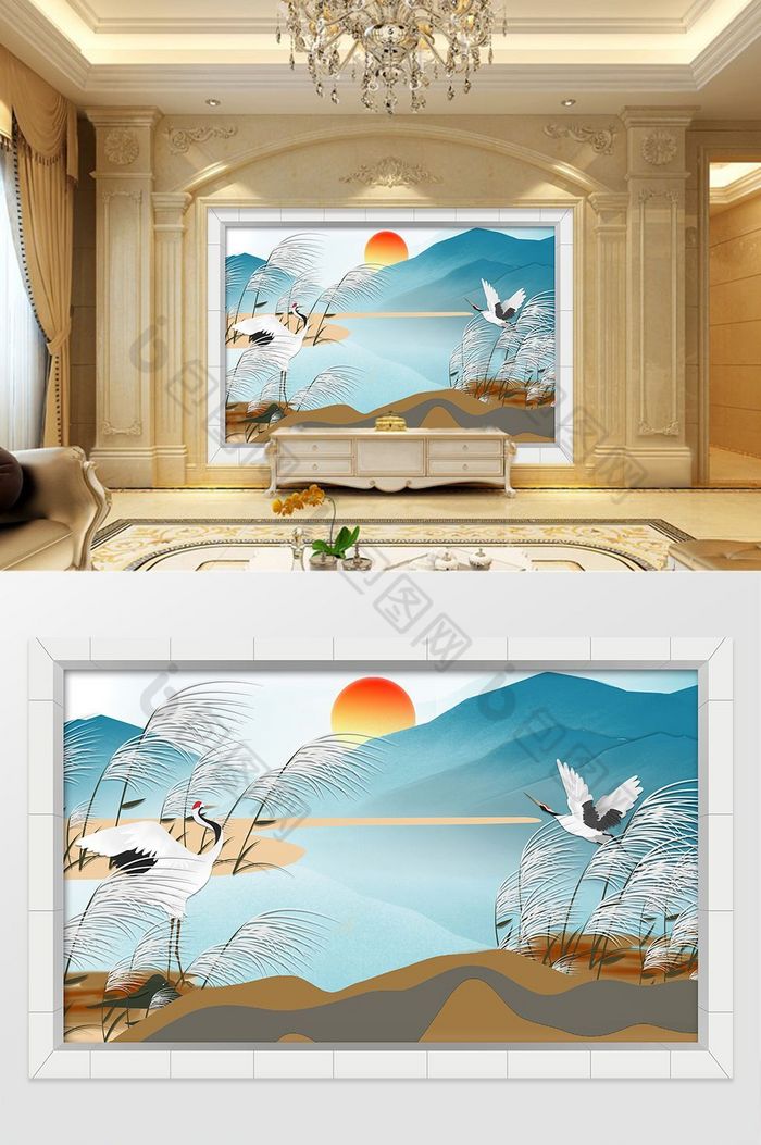 新中式唯美山水画流水生财白鹤电视背景墙图片图片
