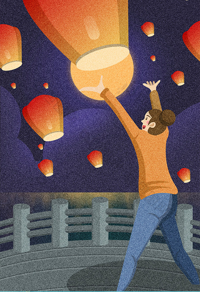 彩色下元节女孩放孔明灯插画图片