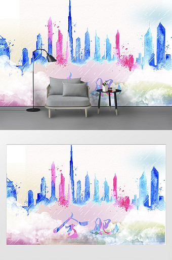 现代水彩彩绘泼墨合肥市城市剪影背景墙图片