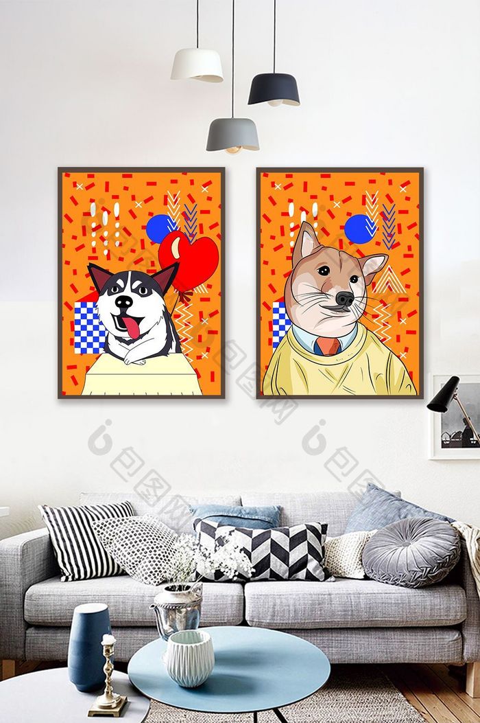 北欧动物动画狗狗拟人图画装饰画背景墙素材