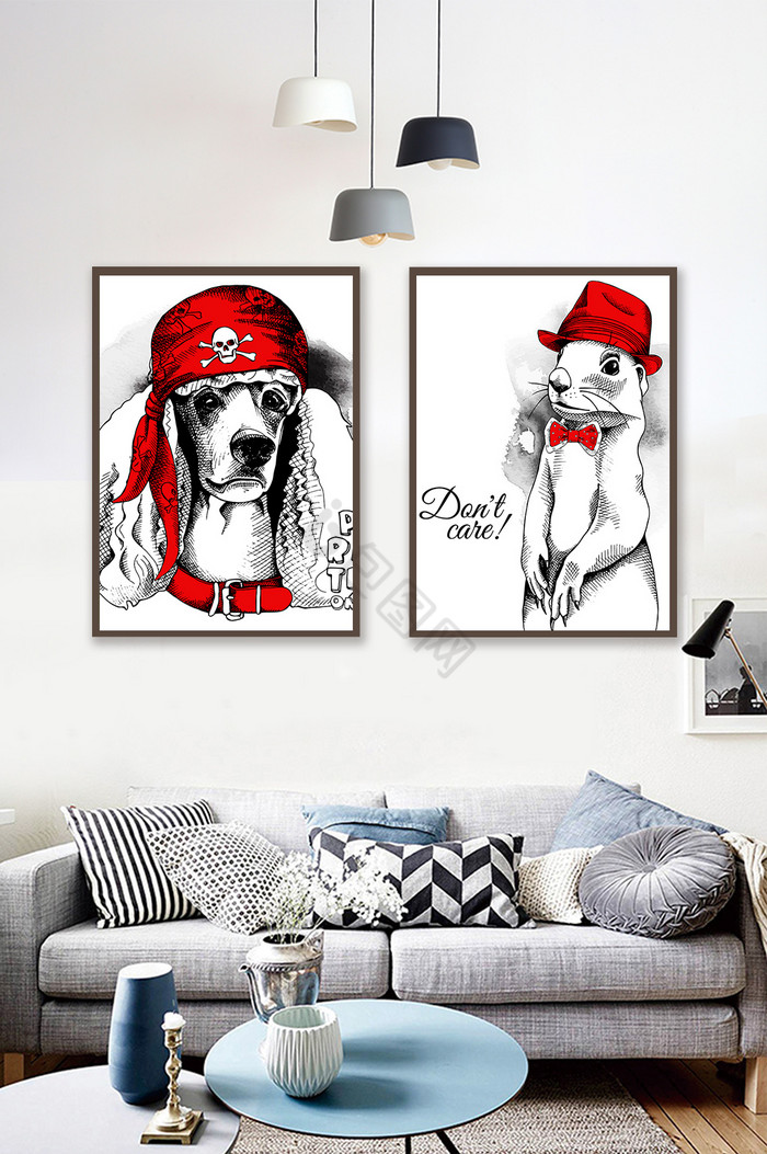 北欧红系列动物狗狗老鼠彩色素描简约装饰画图片