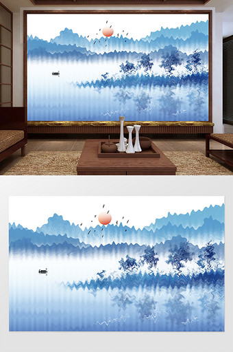 新中式意境水墨山水背景墙装饰图片