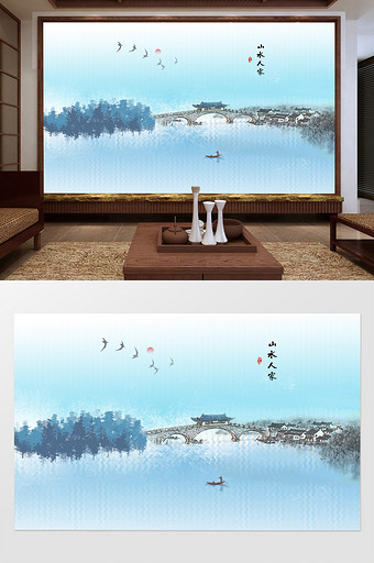 新中式意境水墨风景画背景墙装饰图片