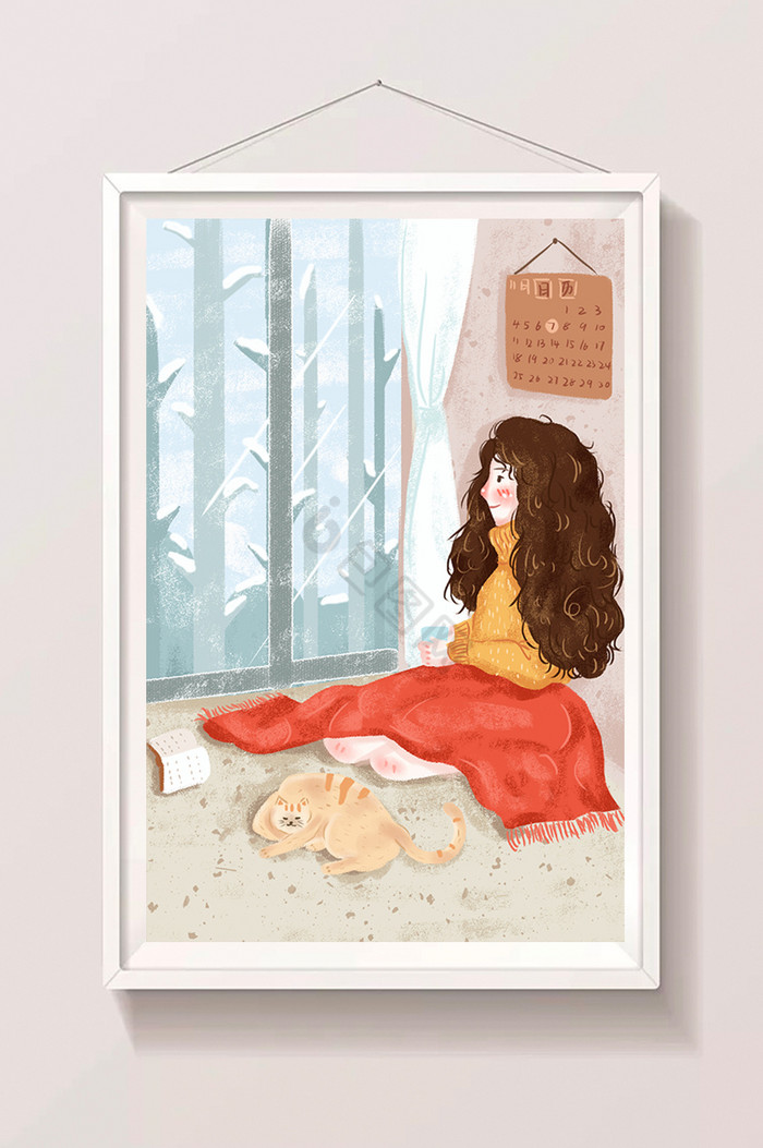 女孩窗口看雪节气立冬插画图片