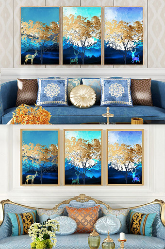 现代简约森林风景麋鹿金色客厅装饰画晶瓷画图片