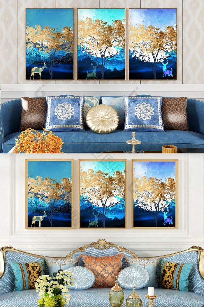 现代简约森林风景麋鹿金色客厅装饰画晶瓷画