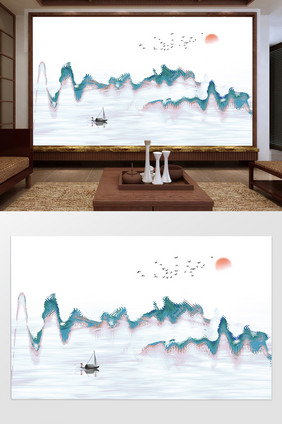 新中式水墨抽象山水日出背景墙