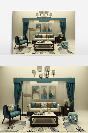 中式风格现代家装客厅模型图片