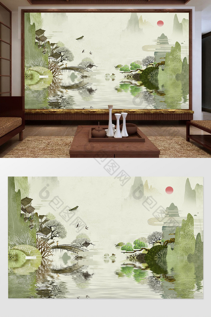 现代时尚江南水乡风景画立体背景墙图片图片