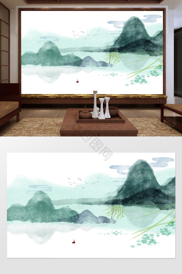 现代中式山水风景水墨画立体背景墙图片