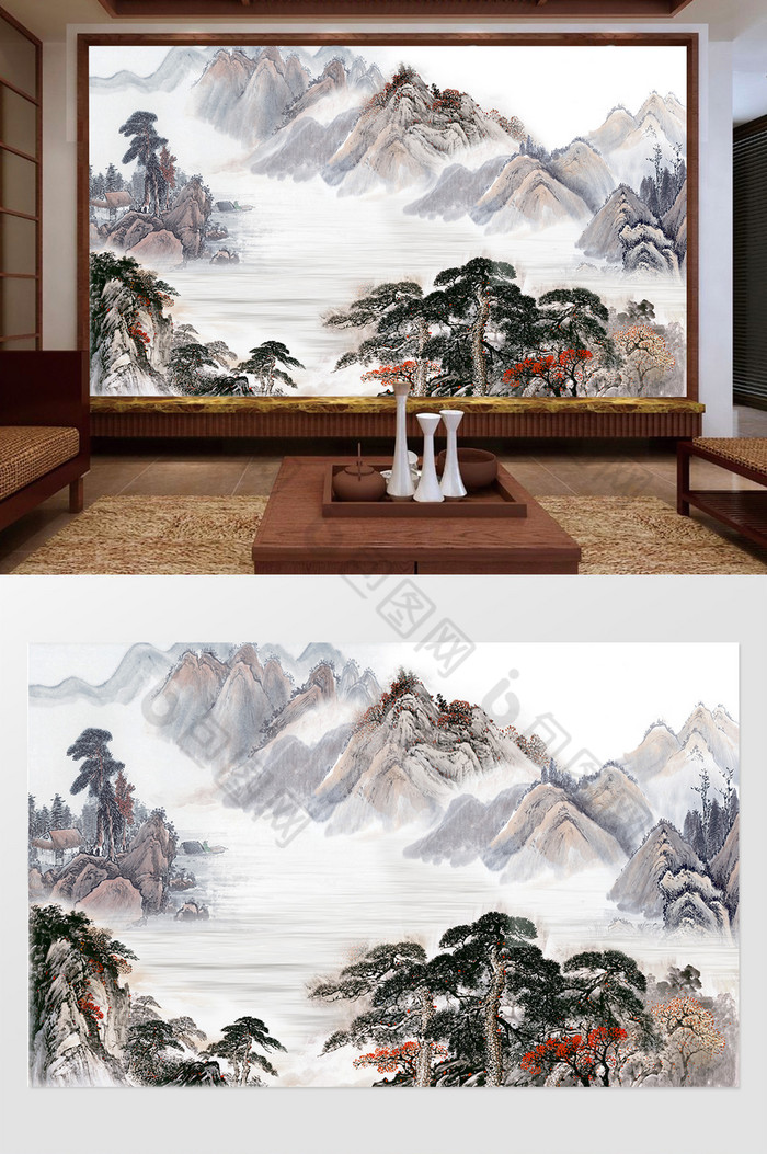 新中式山水风景背景墙宝地生金效果图-【包图网】
