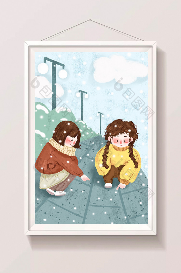 蓝色小清新小女孩公园看雪节气小雪插画海报