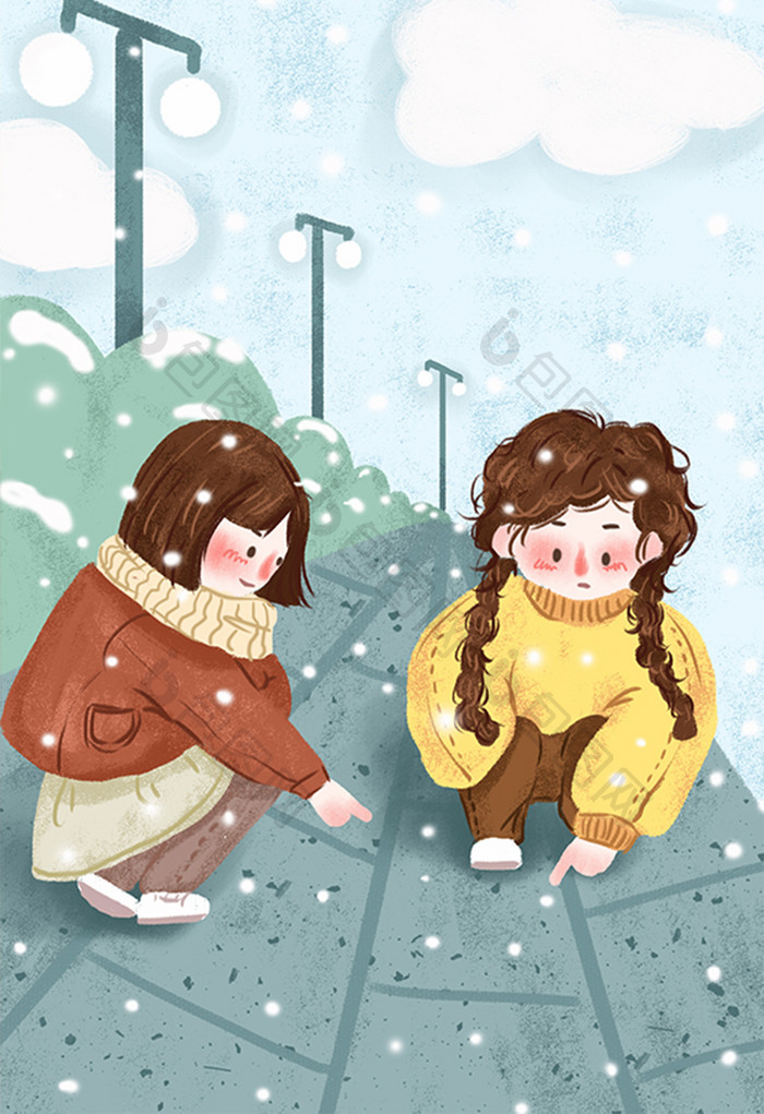 蓝色小清新小女孩公园看雪节气小雪插画海报