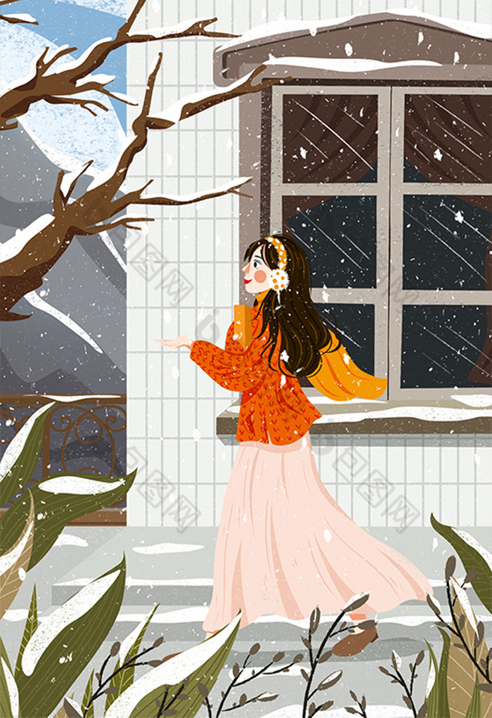 唯美二十四节气小雪插画雪中行走的女孩插画