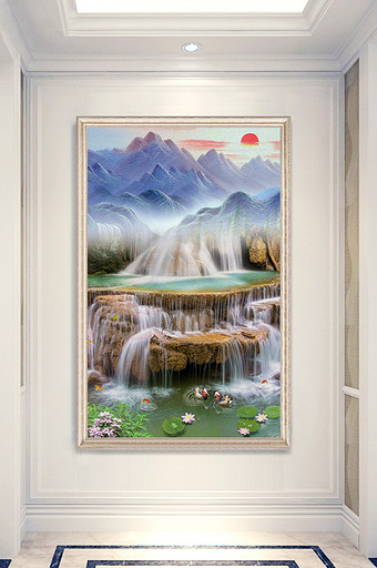 中式高山森林流水瀑布鸳鸯玄关装饰画图片