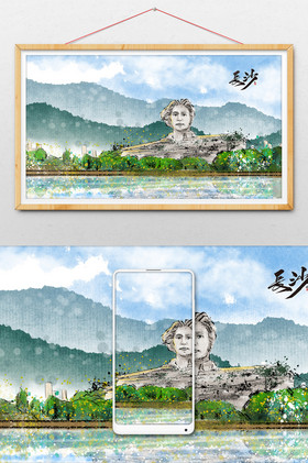 长沙标志性建筑旅游橘子洲头插画