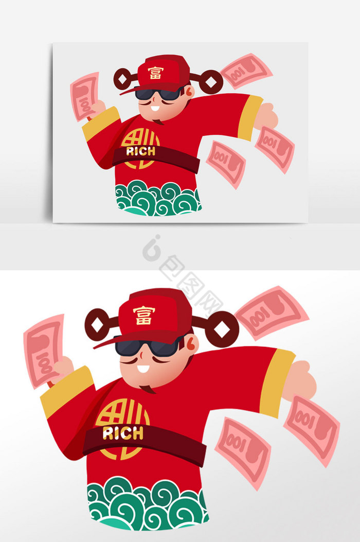 2019猪年财神撒钱插画图片