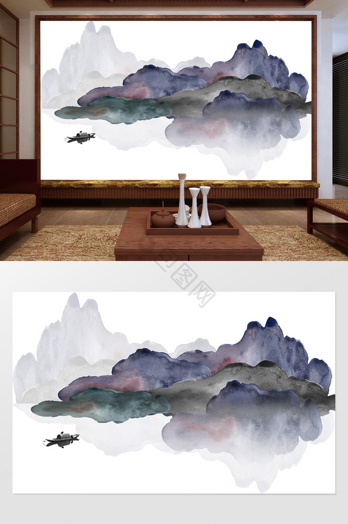 国画新中式抽象山水背景墙图片