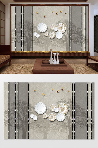 新中式意境树林青花瓷盘子麻布纹背景墙图片