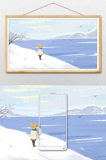 大雪小孩望海插画图片