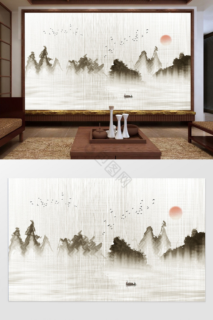 新中式抽象山水飞鸟背景墙定制图片