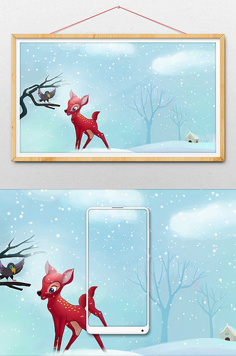 下雪里玩雪的小鹿和小鸟图片