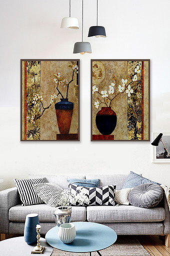 北欧金箔油画花瓶植物抽象做旧风格装饰画图片