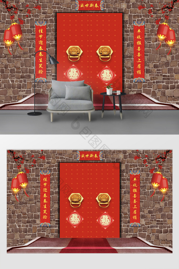 红色传统新春影楼婚纱写真摄影背景墙