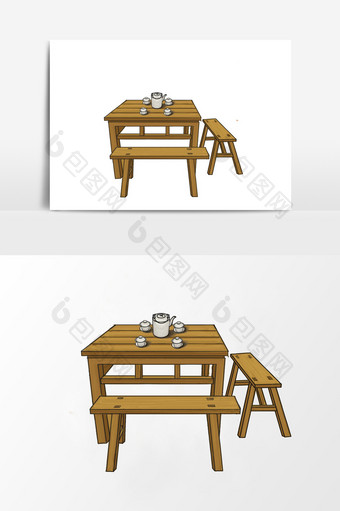 淡彩颜色国画风格的桌子板凳元素图片