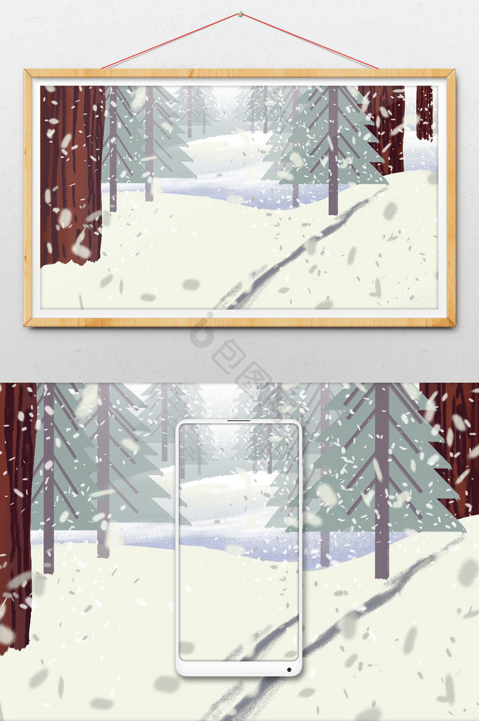 松树林雪景插画图片