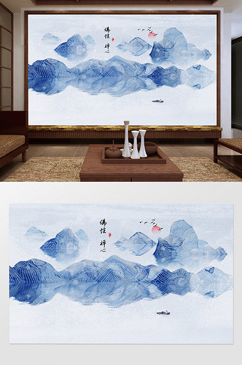 新中式佛心禅意意境水墨山水背景墙装饰图片
