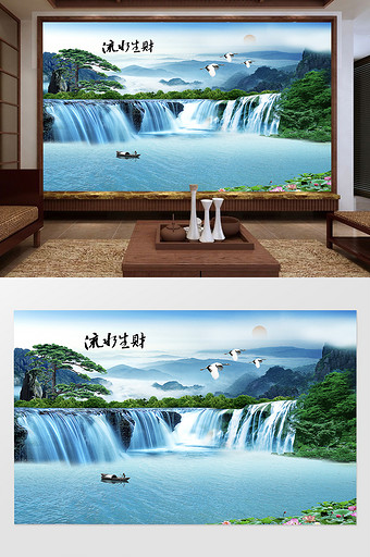 中式传统山水迎客松风景画流水生财电视背景图片