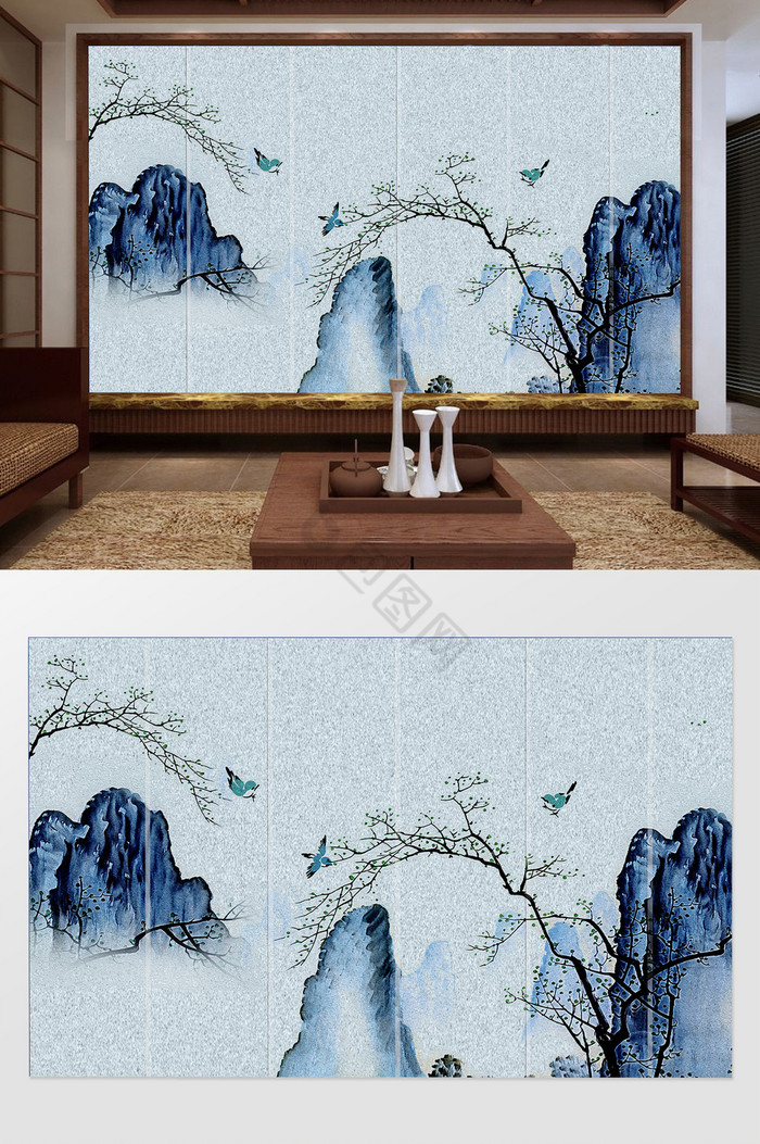 新中式清新简约山水风景背景墙图片