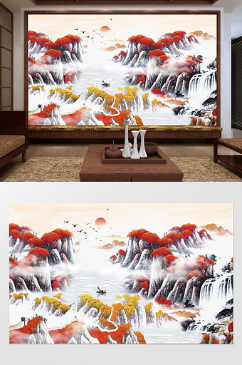中国风鸿运当头流水生财山水国画背景墙图片