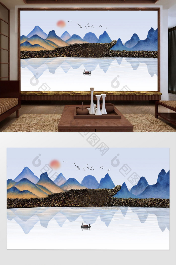 新中式抽象浮雕立体山水装饰画电视背景墙