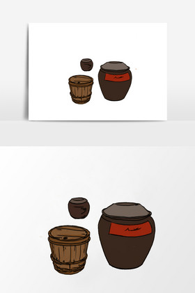 淡彩国画的木桶瓦坛图片