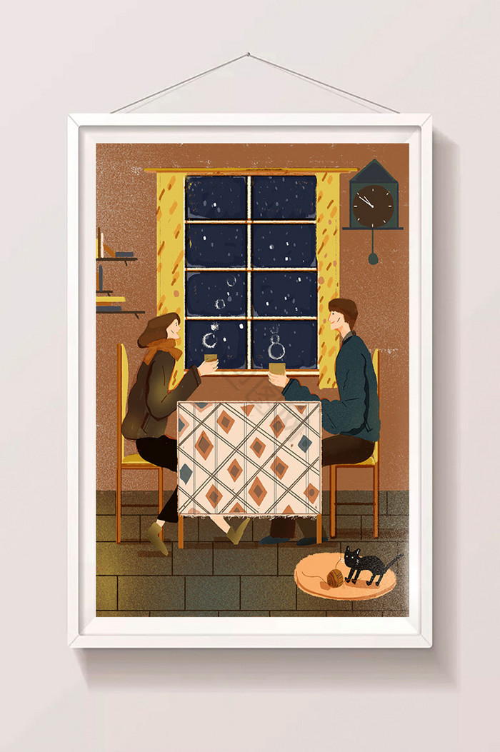 版画小雪天室内温暖情侣喝茶插画图片