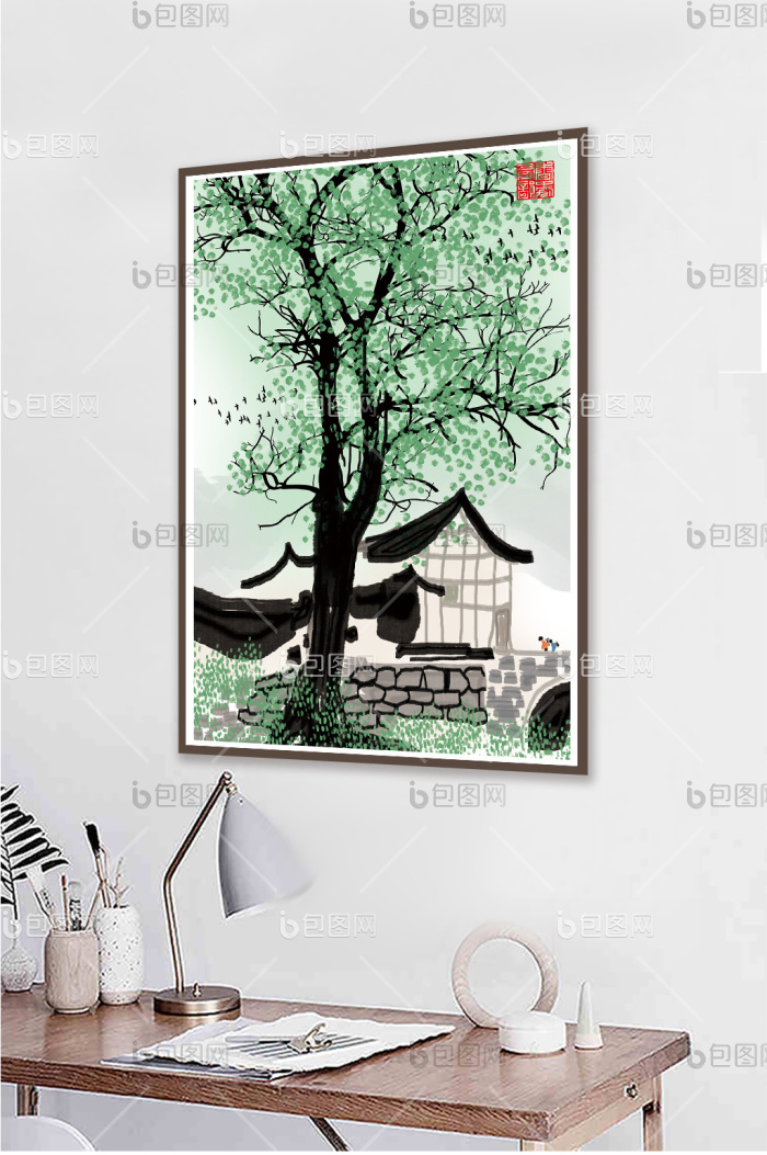 文艺水墨淡彩民俗风景书房客厅装饰画-文艺水墨淡彩民俗风景书房客厅装饰画效果图-【包图网】
