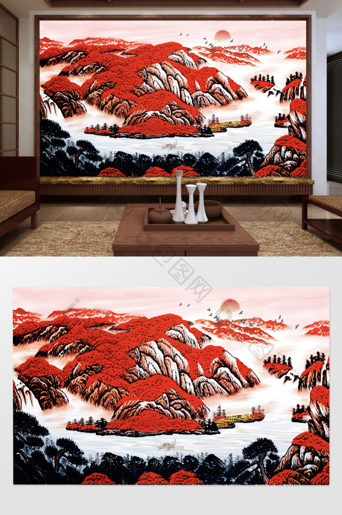鸿运当头山水国画背景墙效果图-【包图网】