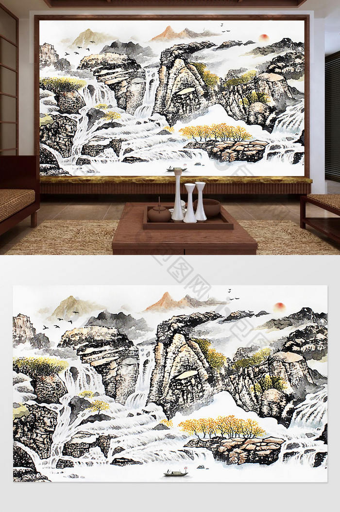 中国风国画山水瀑布流水生财背景墙定制