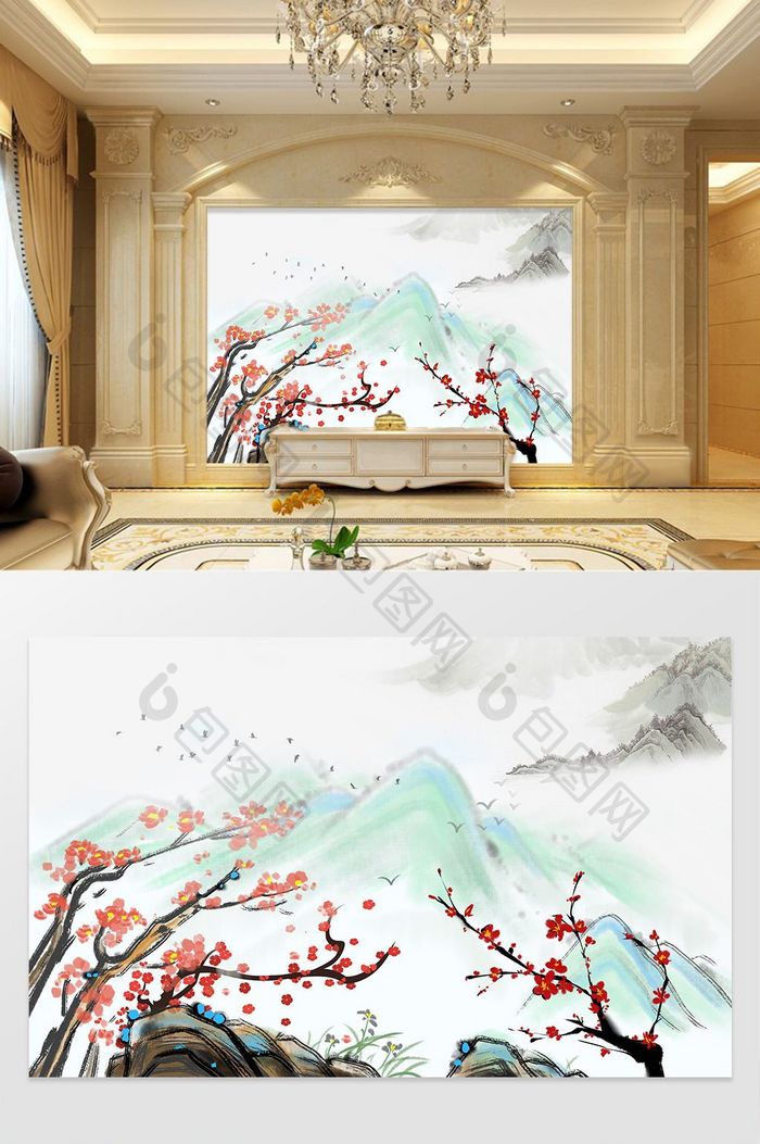 中国风国画工笔画山水桃花背景墙