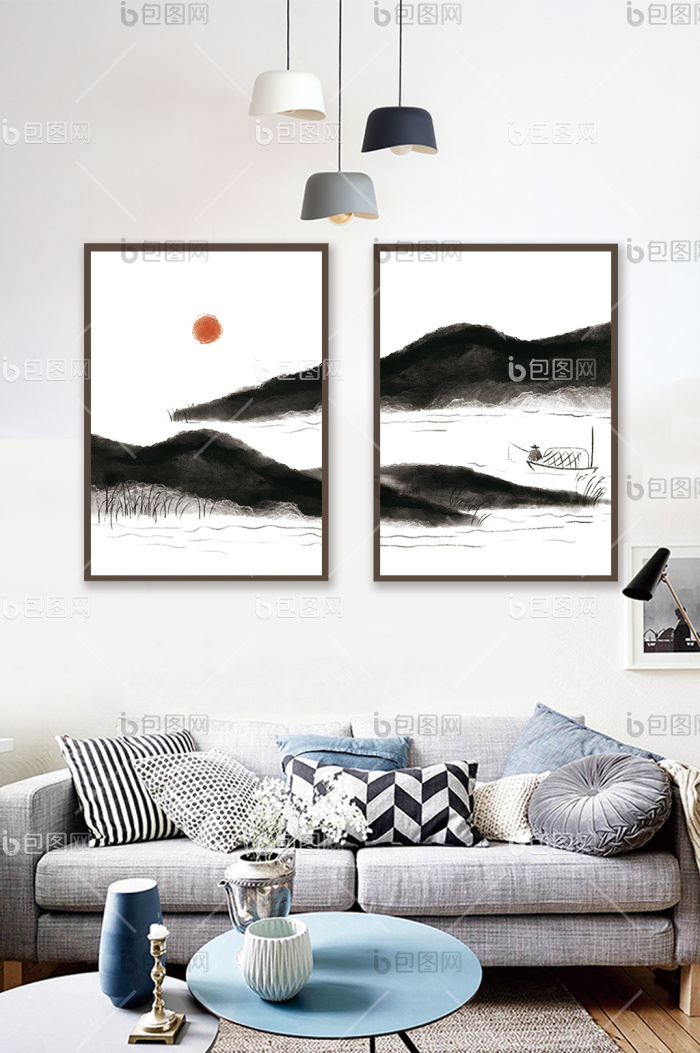 水墨日出山水客厅装饰画-水墨日出山水客厅装饰画效果图-【包图网】