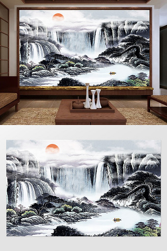 中国风流水生财山水瀑布电视背景墙图片