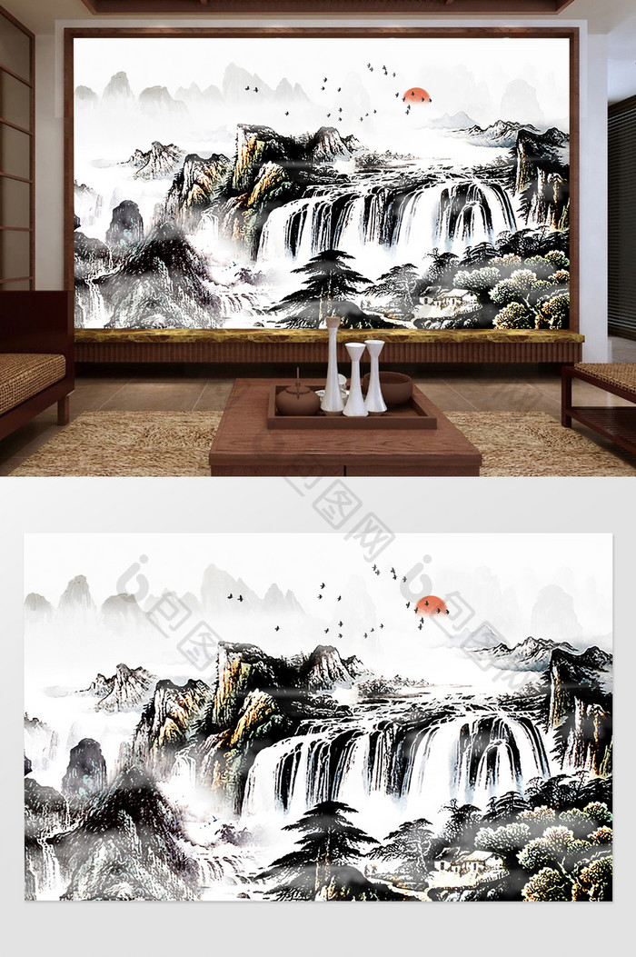 中式国画流水生财水墨山水背景墙定制