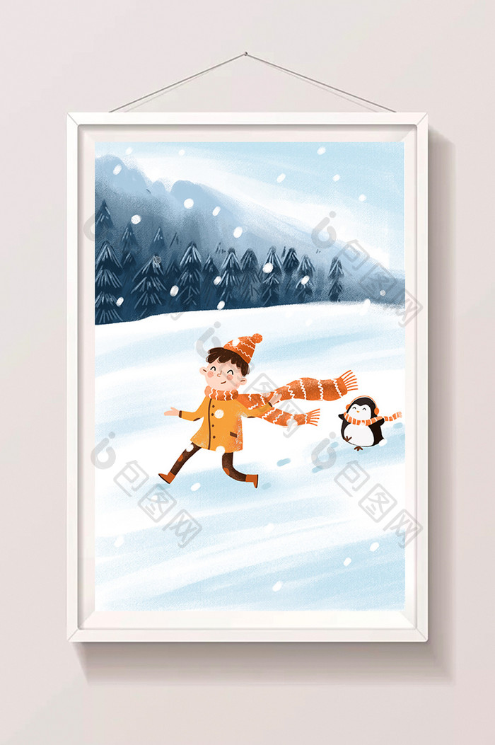 蓝色清新下雪大雪节气儿童商业插画