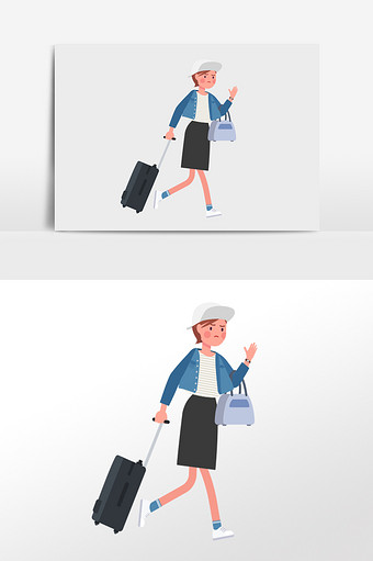 拖着行李箱戴棒球帽运动少女扁平化矢量插画图片