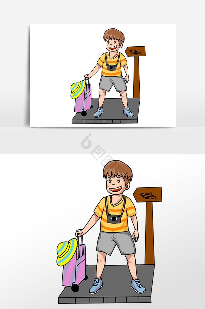 假期旅行男孩拉行李插画图片