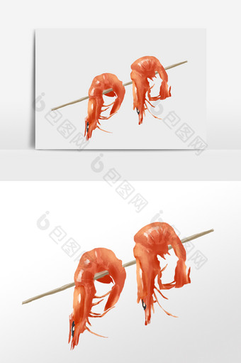 手绘美食竹签烤虾插画元素图片