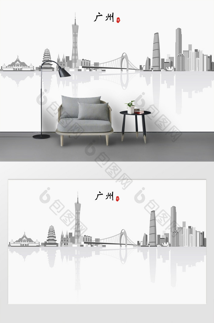 广州城市手绘风景背景墙图片图片